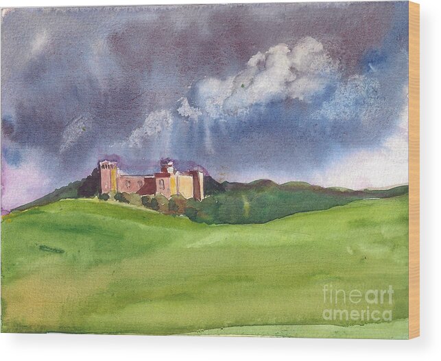 Castle And The Clouds Wood Print featuring the painting Castle under clouds by Asha Sudhaker Shenoy