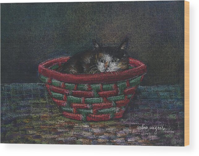 Cat Wood Print featuring the pastel Cat In A Basket by Arline Wagner