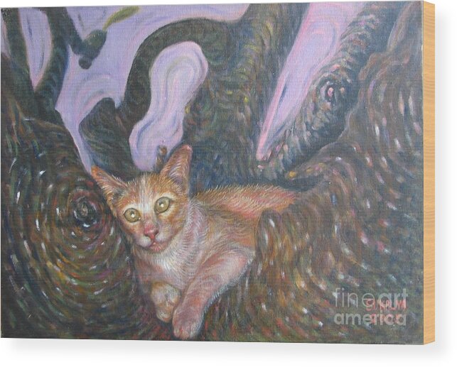 Cat Wood Print featuring the painting CAT In The Wonder Land by Sukalya Chearanantana