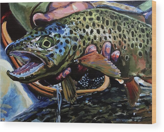 Brown Trout Wood Print featuring the painting Catch of the Day by Les Herman