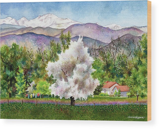 Blossoming Tree Painting Wood Print featuring the painting Celeste's Farm by Anne Gifford