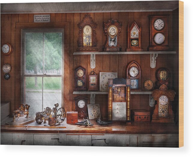Clockmaker Wood Print featuring the photograph Clocksmith - In the Clock Repair Shop by Mike Savad