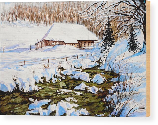 Winter Wood Print featuring the painting Clubhouse in Winter by Sher Nasser