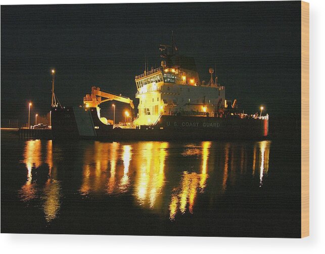 Coast Guard Cutter Wood Print featuring the photograph Coast Guard Cutter Mackinaw at night by Keith Stokes