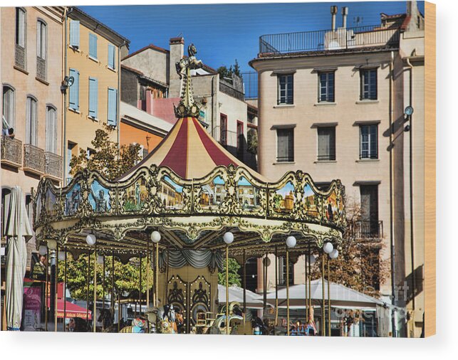 France Wood Print featuring the photograph Color Carousal Perpignan France by Chuck Kuhn