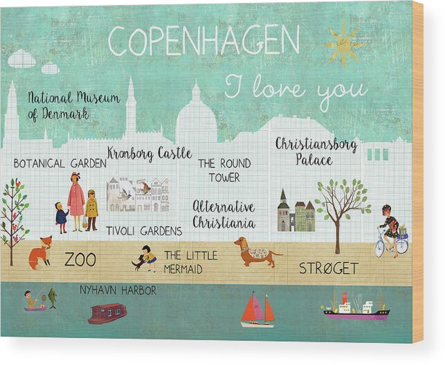 Copenhagen I Love You Wood Print featuring the mixed media Copenhagen I love you by Claudia Schoen