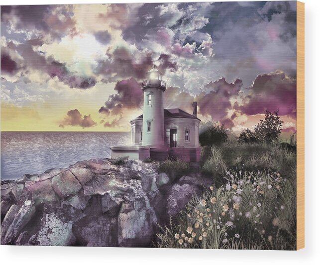Lighthouse Wood Print featuring the painting Coquille River Lighthouse 2 by Bekim M