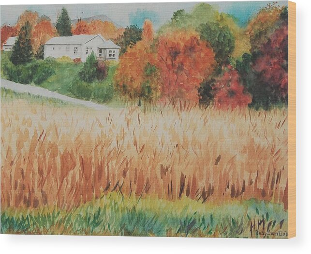 Autumn Wood Print featuring the painting Cornfield in Autumn by Judy Swerlick