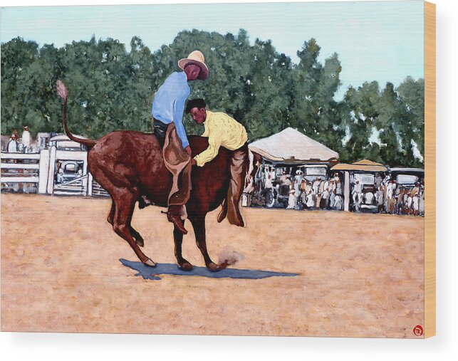 Bull Wood Print featuring the painting Cowboy Conundrum by Tom Roderick