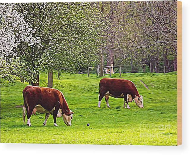 Cows Grazing In A Field Expressionist Effect Wood Print featuring the mixed media Cows grazing in a field Expressionist Effect by Rose Santuci-Sofranko