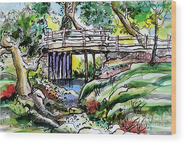 Creek Wood Print featuring the painting Creek Bed And Bridge by Terry Banderas