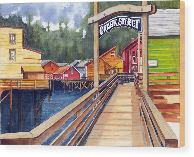 Watercolor Wood Print featuring the painting Creek Street by Gerald Carpenter