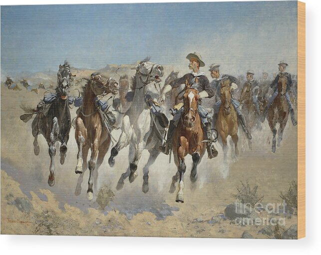 Remington Wood Print featuring the painting Dismounted The Fourth Troopers Moving the Led Horses by Frederic Remington