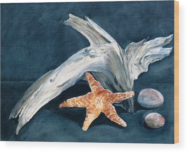 Driftwood And Starfish Acrylic Painting Wood Print featuring the painting Driftwood And Starfish by Paula Pagliughi