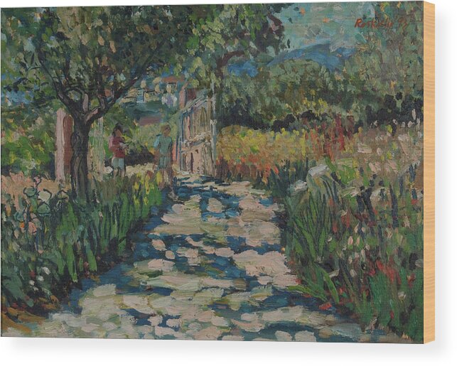 Painting Wood Print featuring the painting Driveway to Neil Youngs villa on Skopelos by Peregrine Roskilly