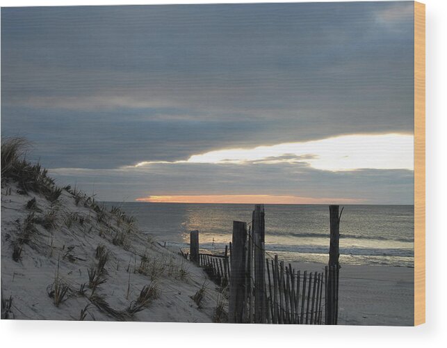 Weathered Wood Ocean Dune Fence And Tall Grass Under Bright March Cloud Sky With White Surf Breaking Onto Sandy Beach At Long Beach Island Wood Print featuring the photograph Dune 51 by Joyce StJames