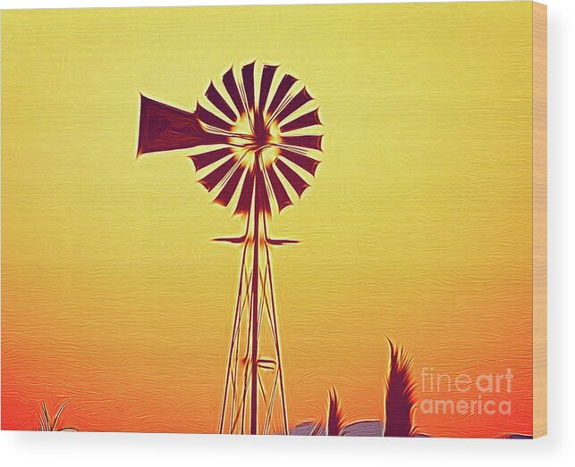 Eclipse Windmill Wood Print featuring the photograph Eclipse Windmill into the Sunset, Irrigation, mechanical power by Wernher Krutein