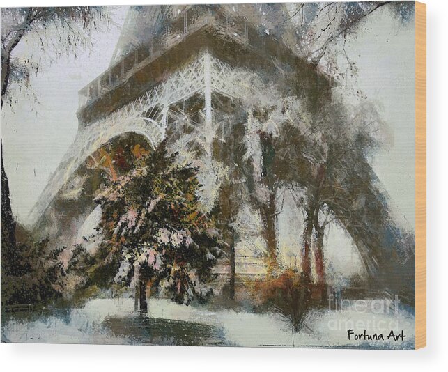 Digital Art Wood Print featuring the mixed media Eiffel In The Snow by Dragica Micki Fortuna