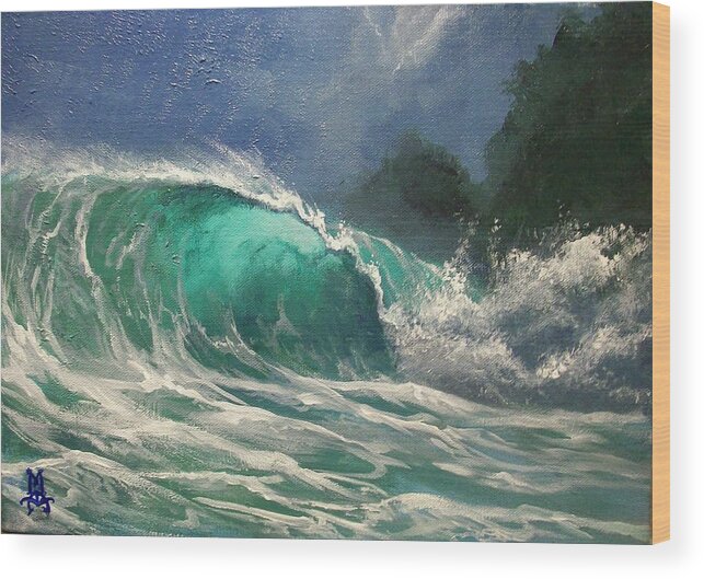 Waves Wood Print featuring the painting Emerald Surge by Marco Aguilar