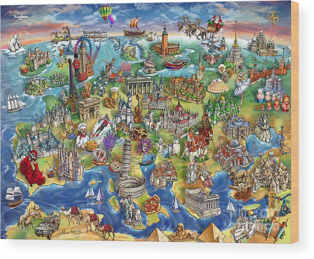 Europe Wood Print featuring the painting European World Wonders Illustrated Map by Maria Rabinky