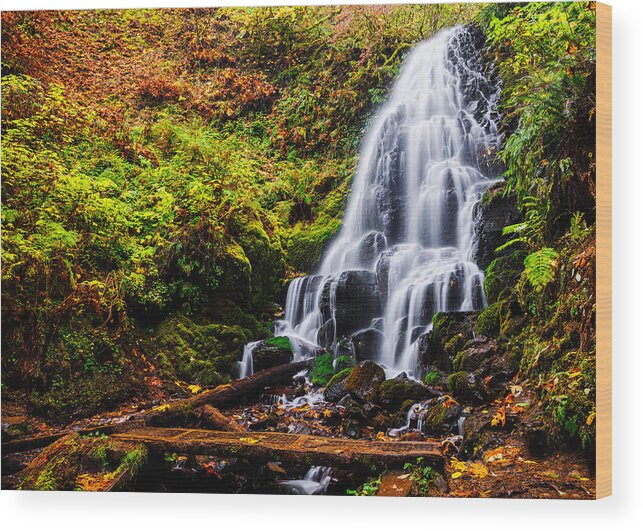 Fairy Falls Wood Print featuring the photograph Fairy Falls in autumn in Columbia River Gorge Oregon by Vishwanath Bhat