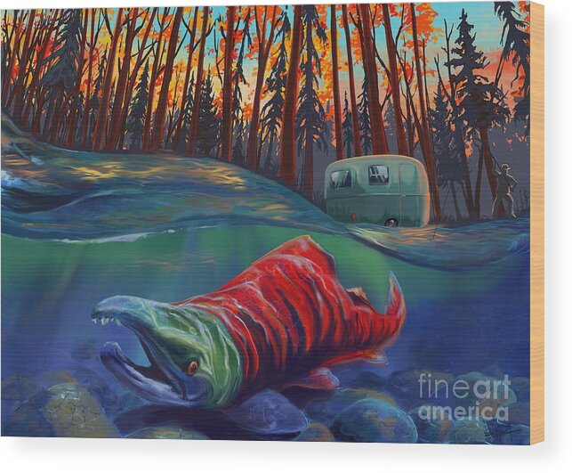 Fishing Painting Wood Print featuring the painting Fall Salmon fishing by Sassan Filsoof
