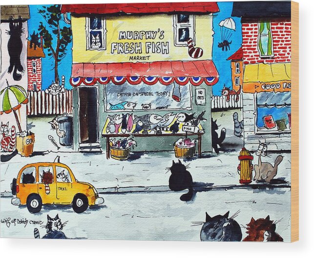 Cartoon Cats Fun Fishmongers Wood Print featuring the painting Fatal Attraction by Wilfred McOstrich