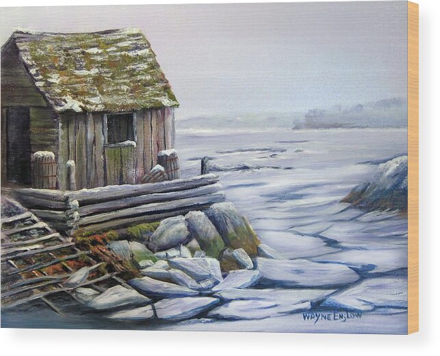 Seascape Wood Print featuring the painting Fish Shack In Winter by Wayne Enslow