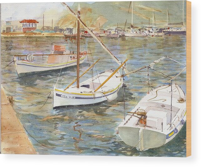 Skopelos Wood Print featuring the painting Fishing Boats in Skopelos by David Gilmore