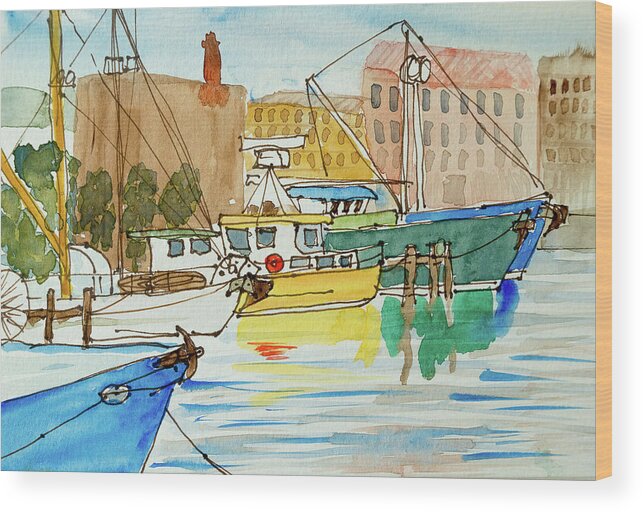 Australia Wood Print featuring the painting Fishing Boats in Hobart's Victoria Dock by Dorothy Darden