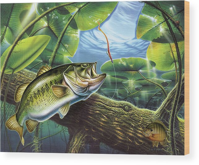 Jon Q Wright Fish Fishing Bass Largemouth Lure Lily Pads Lake Angling Bluegill Log Underwater Wood Print featuring the painting Fooled Again Bass II by JQ Licensing
