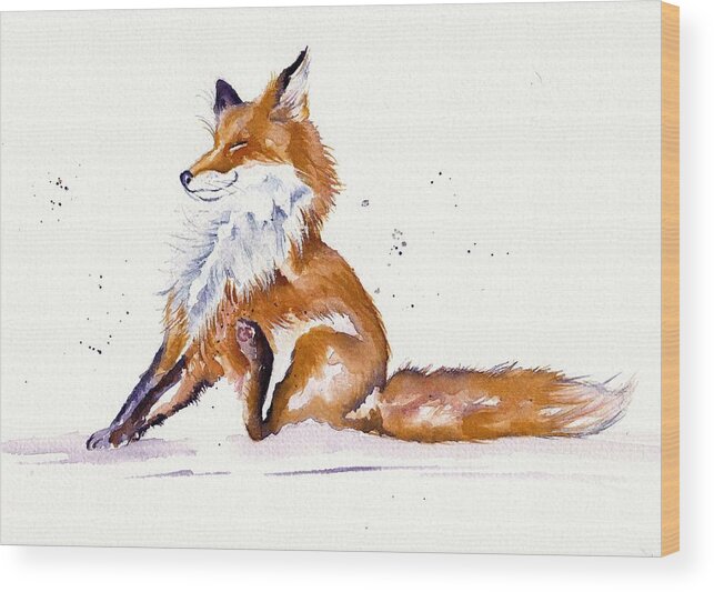 Red Fox Wood Print featuring the painting Foxy Flea Magnet by Debra Hall