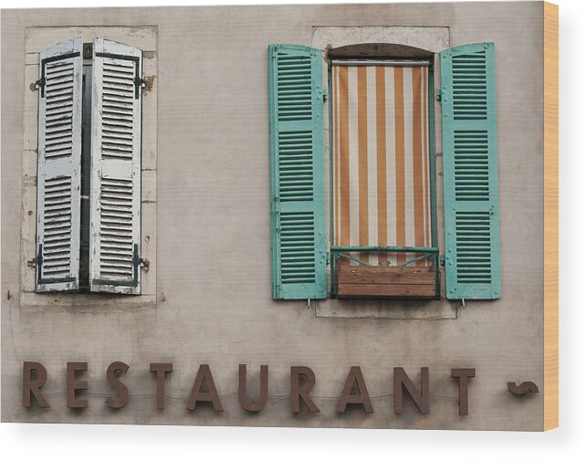 French Windows Wood Print featuring the photograph French Country Restaurant Windows by Jani Freimann