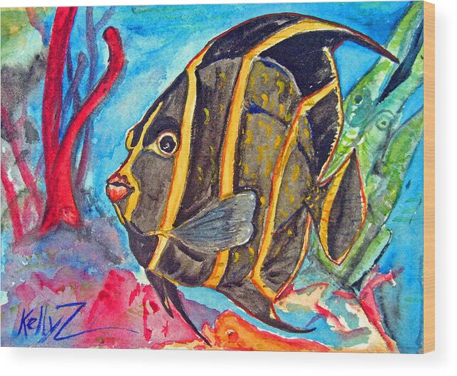 Fish Wood Print featuring the painting French Kiss-Juvenile French Angelfish by Kelly Smith