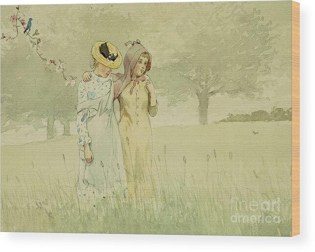 Girls Strolling In An Orchard Wood Print featuring the painting Girls strolling in an Orchard by Winslow Homer