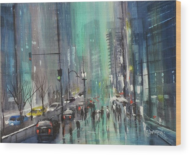 Night City Paintings Wood Print featuring the painting Glass and Steel by Tom Shropshire