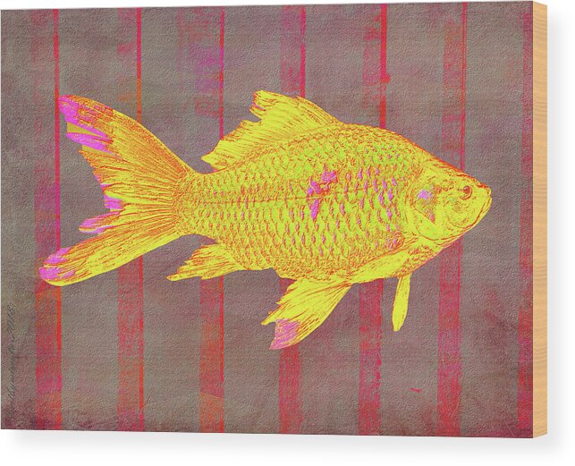 Fish Wood Print featuring the digital art Gold Fish on Striped Background by Mimulux Patricia No