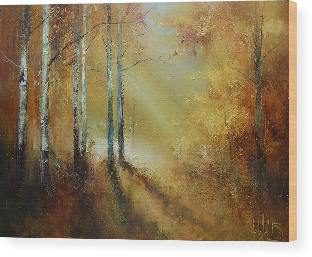 Russian Artists New Wave Wood Print featuring the painting Golden Light in Autumn Woods by Igor Medvedev