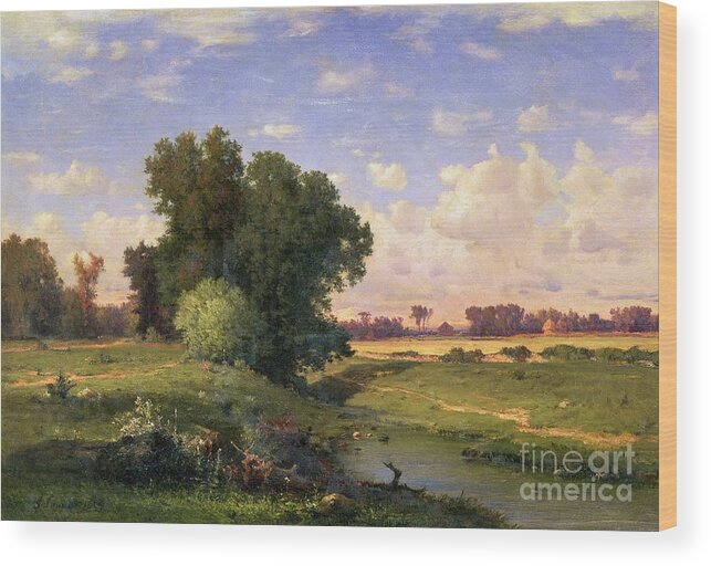 Meadow; Landscape; River; Stream; Field; Fields; Tree; Trees; Hudson River School; Rustic; Countryside; Farmhouse; Path; Riverbank; Riverside; New Jersey; Landscapes Wood Print featuring the painting Hackensack Meadows - Sunset by George Snr Inness