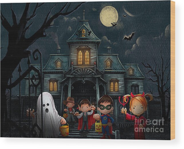 Night Wood Print featuring the digital art Halloween Kids Night by Peter Awax