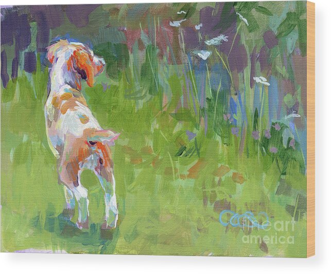 Brittany Spaniel Wood Print featuring the painting Her First Point by Kimberly Santini