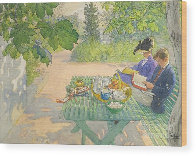 Holiday Reading By Carl Larsson Wood Print featuring the painting Holiday Reading by MotionAge Designs