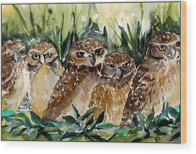 Owls Wood Print featuring the painting Hoo is Looking at Me? by Mindy Newman