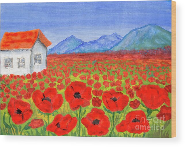 Art Wood Print featuring the painting House on meadow with red poppies, painting by Irina Afonskaya