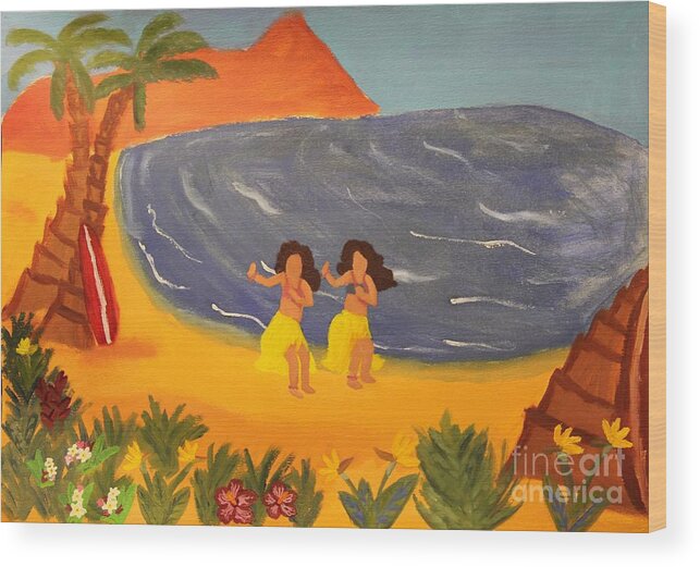 Hula Wood Print featuring the painting Hula Girls by Marina McLain