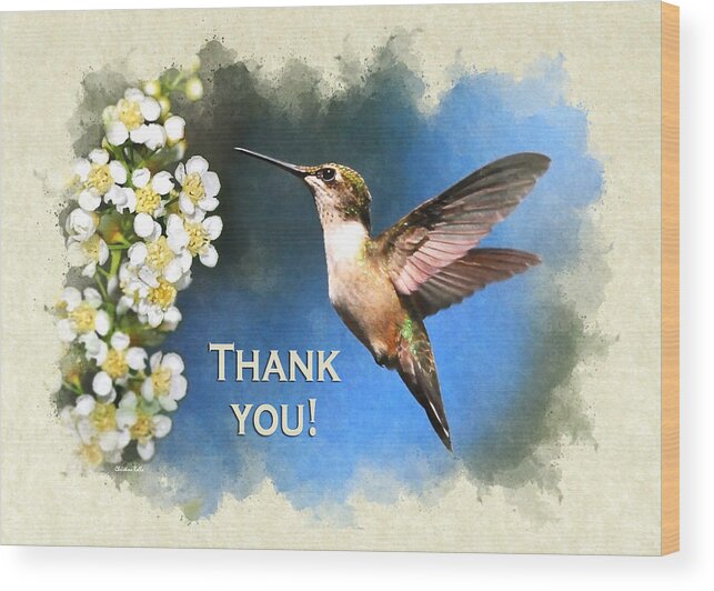 Thank You Wood Print featuring the mixed media Thank You Card Hummingbird Just Looking by Christina Rollo