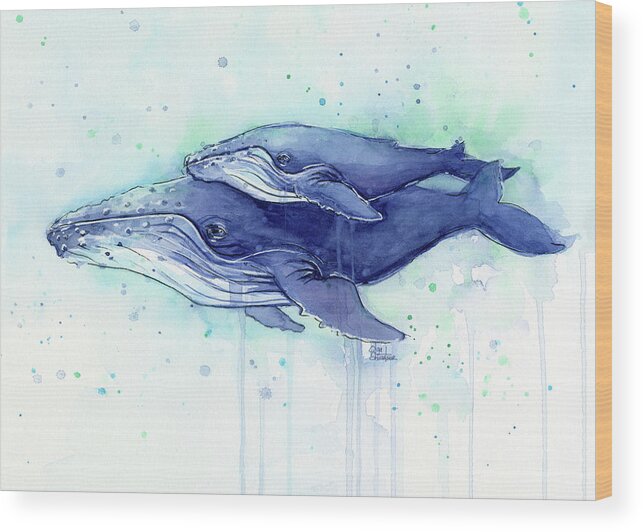 Whale Wood Print featuring the painting Humpback Whale Mom and Baby Watercolor by Olga Shvartsur