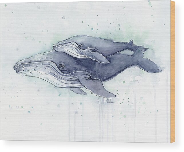 Whale Wood Print featuring the painting Humpback Whales Painting Watercolor - Grayish Version by Olga Shvartsur