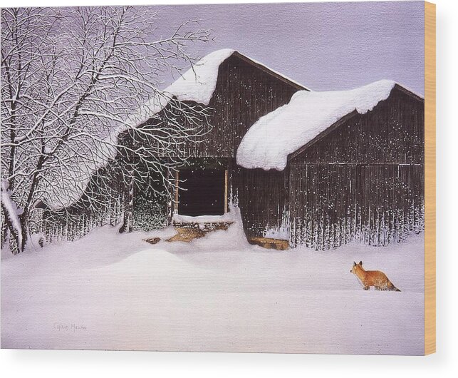 Snow Wood Print featuring the painting Hungry Hunter by Conrad Mieschke