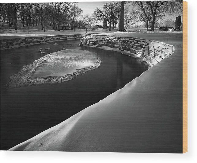 Ice River Snow Park Lake Leota Wi Wisconsin Cold Stream Black And White B&w Wood Print featuring the photograph Ice Island on Allen Creek at Lake Leota Park in Evansville WI by Peter Herman